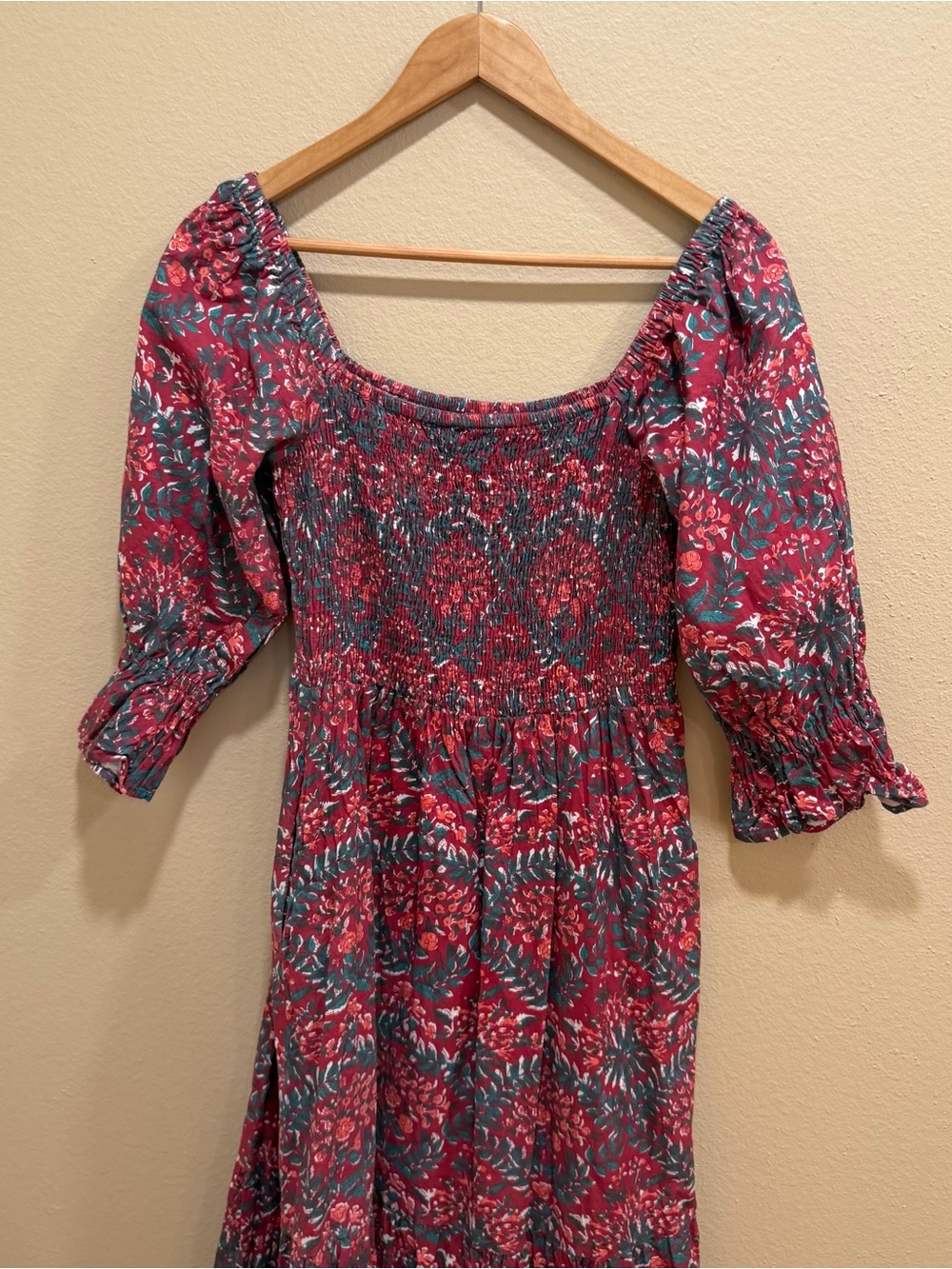 Victoria Dunn Cotton Square-Neck Red Floral Midi Dress - Women Small - Picture 13 of 14